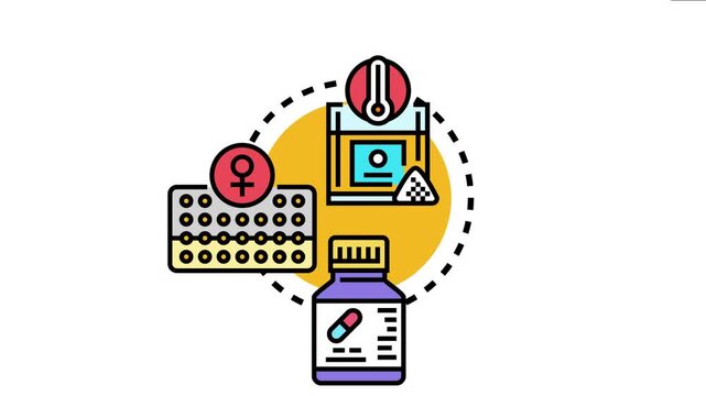 Medicine shopping basket with various healthcare products like a thermometer, pill bottle, and birth control pills pharmaceutical purchases and medical treatment concepts