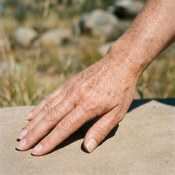 Mature Hand Reaching Gently Onto A Natural Stone Surface Outdoors