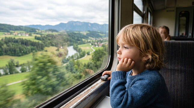 Little boy looking out of a train window at the beautiful green mountain landscape during travel