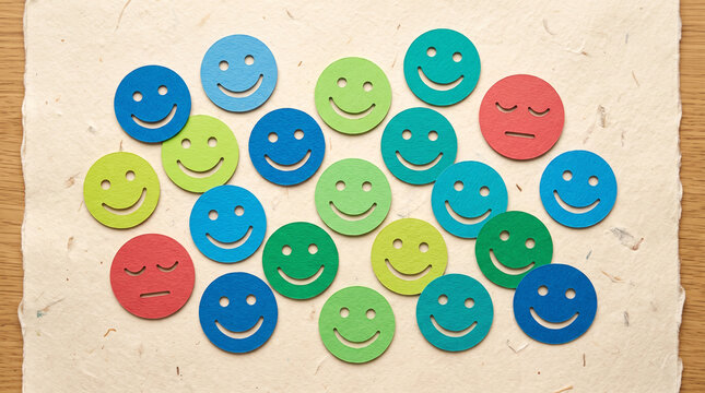 Many colorful happy smiley face circles arranged together on a light surface