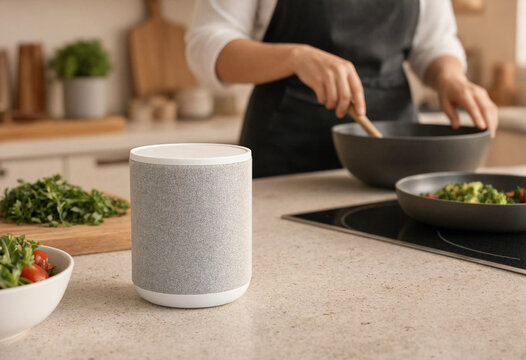 Person stirring food in bowl with grey smart speaker on modern kitchen countertop voice assistant kitchen technology meal preparation smart home digital assistant home automation