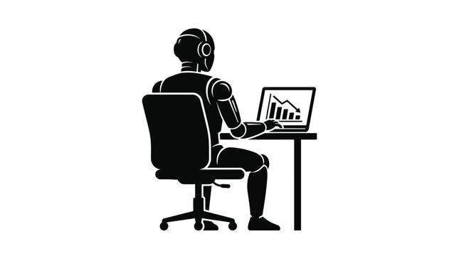 Robotic figure analyzing downward financial stock market trends on a laptop screen while sitting at desk