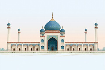 Obraz premium Symmetrical blue domed mosque inspired building with multiple minarets ornate arches and pastel sky reflected across calm water in a wide horizontal composition Theme of cultural heritage
