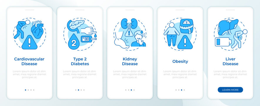 Cardiovascular diagnostic tests monochrome blue onboarding mobile app screen. Holistic patient wellness overview. UI UX walkthrough 5 steps. Editable graphic instructions with linear concepts