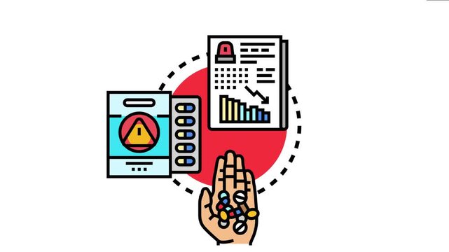 Healthcare professionals using a medication safety risk mitigation toolkit with analytical reports, pharmaceutical packaging, and various pills representing drug management strategies