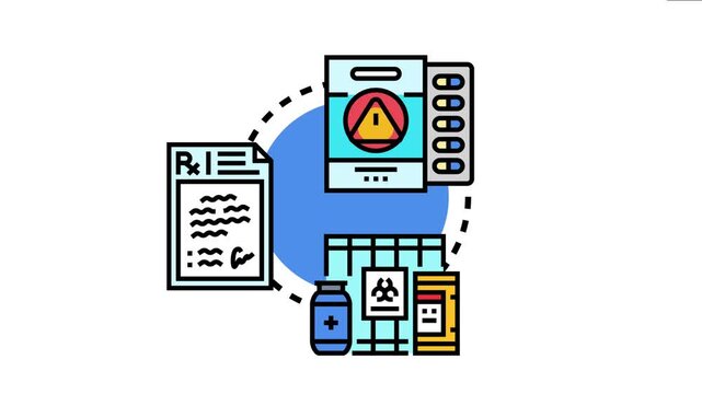 Medication risk management framework depicting medical prescriptions. Packaging with a warning triangle. A blister pack. And other containers with biohazard and safe symbols