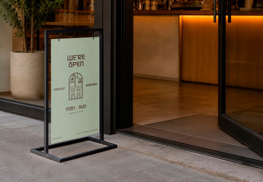 Shop Entrance with A-Frame Sidewalk Sign Mockup
