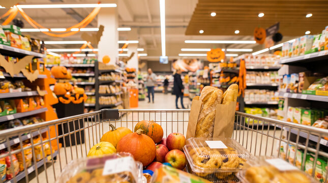 Shopping Cart Filled with Autumn Pumpkins and Bread in Supermarket Aisle