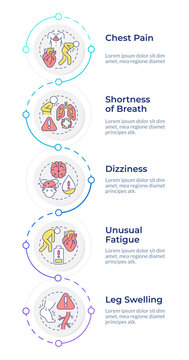 Cardiovascular common symptoms infographic design template. Crucial body warning signals. Chronic condition. Medical emergency warnings. Data visualization 5 options. Process vertical flow chart