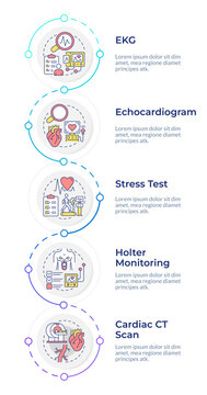 Early cardiovascular indicators infographic design template. Essential medical checkup. Patient centered cardiac assessment. . Data visualization 5 options. Process vertical flow chart