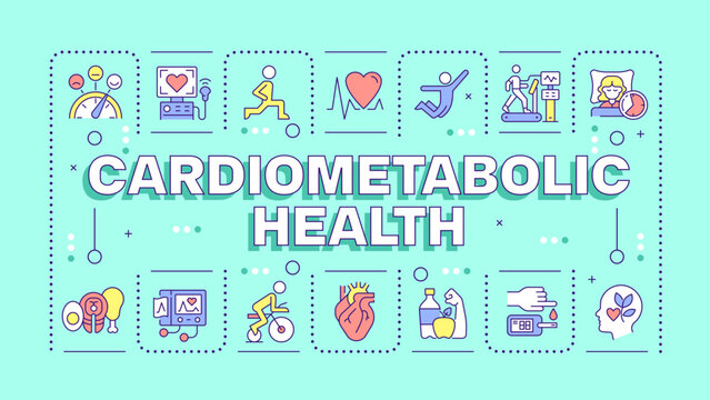 Cardiometabolic health concept banner. Metabolic health optimization strategy. Preventative heart care habits. Linear colored icons typography layout on light turquoise background. Vector illustration