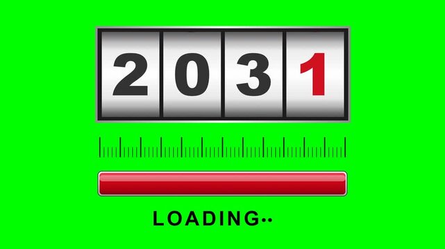 Faithful odometer counter recreation like the reference on solid chroma green background with ALL shadows removed: metallic framed counter with four white cylindrical wheels showing 2 0 3 0, the first