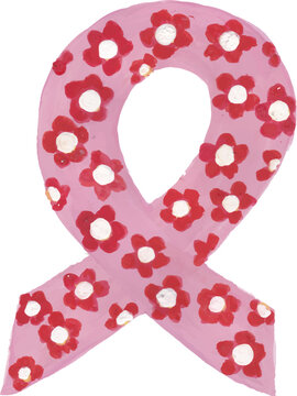Painted Pink Ribbon with Red Flowers Isolated