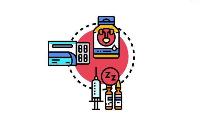 Medical supplies including a bottle of liquid medicine, blister packs, a syringe, and ampoules with a sleep symbol illustrate the concept of medication list reconciliation