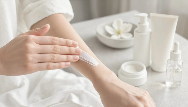 Woman applying white lotion on her skin for moisturizing with moisturizing cream beauty routine skin care self care cosmetic product skin health skincare moisturizer cosmetics wellness