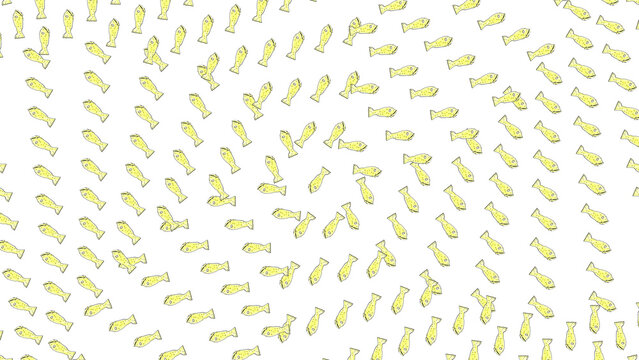 Geometric background with small yellow fish and green seaweed in hexagonal grid pattern