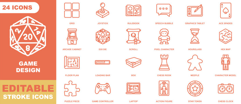 Game icon sheet featuring twenty-four white line symbols including d20 dice, joysticks, and board game pieces on orange