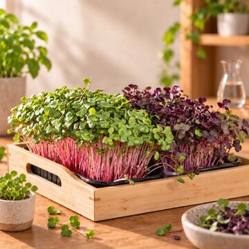 Fresh microgreens &mdash; the concept of healthy urban gardening and rational nutrition.