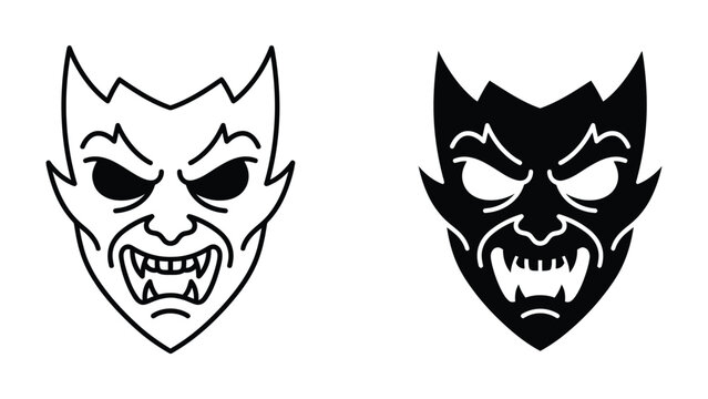 Fierce Demon Mask Icons: Two stylized representations of a demon's face, one as a line art outline and the other as a solid black silhouette, both conveying a menacing and supernatural aura.