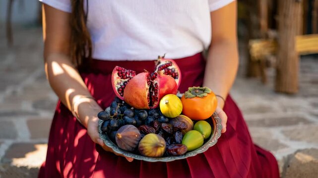 Woman holding silver plate with Seven Species harvest fruits including pomegranate, figs, dates, grapes, and persimmon for Sukkot holiday