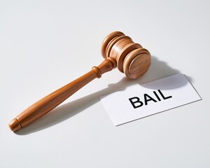 Obraz premium Wooden Judge Gavel Lying Next to Bail Text on White Background