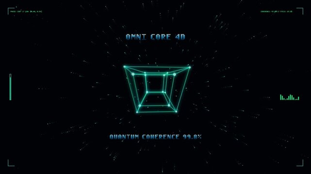 Futuristic digital interface with a 4d tesseract wireframe model floating in deep space with quantum coherence data readout