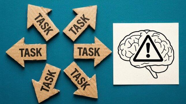 Wooden arrows with "TASK" text pointing in different directions around a brain icon with an exclamation mark, symbolizing task management and mental overload, concept of task management and mental ove