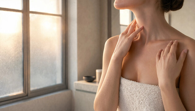 Woman wrapped in bath towel touching her collarbone standing by window in sunlight with self care morning light wellness lifestyle body care morning ritual skin care bathroom interior