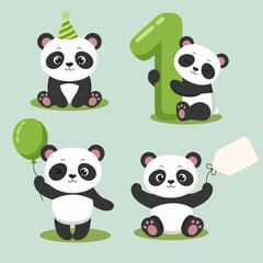 Obraz premium Panda set for Birthday invitations. Birthday greeting card illustration