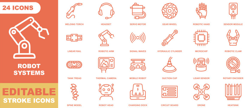Robot systems icon sheet featuring orange outline symbols of robotic arms, microchips, sensors, drones, and mechanical parts