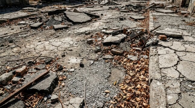 Destroyed concrete and asphalt road surface with debris and cracked texture, showing the aftermath of a disaster or conflict, concept of destruction and desolation