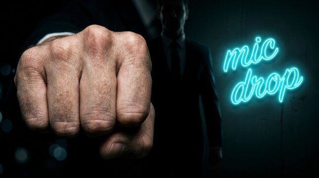 Close-up of a clenched fist with a neon 'mic drop' sign and a silhouetted figure in the background, concept of power and finality