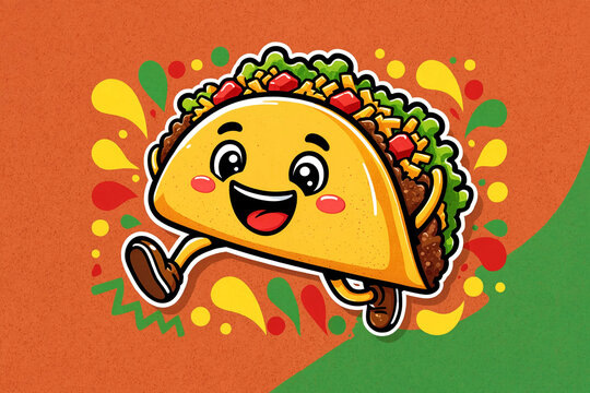 Cute cartoon taco character running and jumping with a happy face illustration