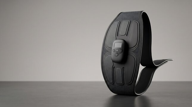 Ab stimulator belt for muscle training and fitness on a dark surface in a studio environment closeup view