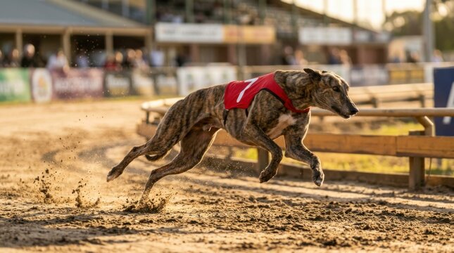 Brindle greyhound dog wearing a red racing vest with number one, running on a dirt track during a race with stadium in background, concept of speed and competition