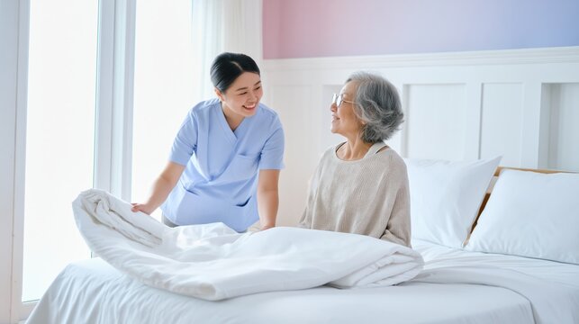 Young Asian female caregiver helping an elderly woman make the bed with fresh white sheets