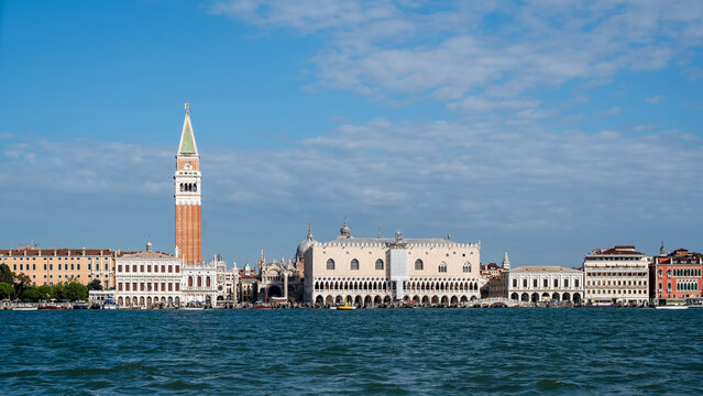 panorama of Venice from St. Mark's Basin, with St. Mark's Campanile and the Doge's Palace in the foreground.