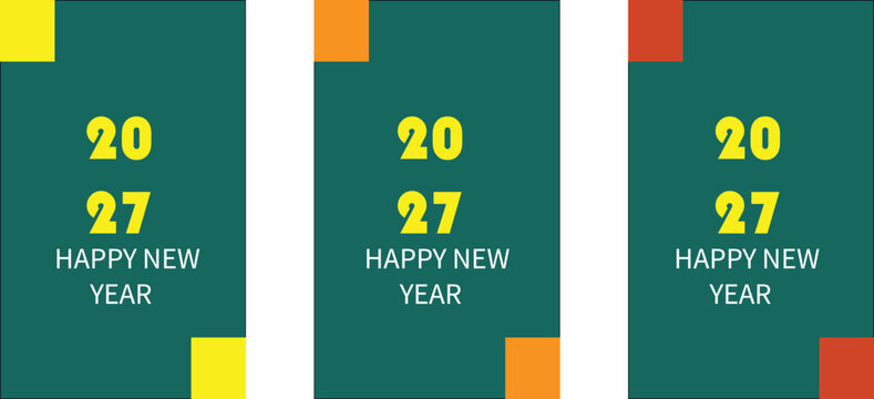 Minimalist 2027 Happy New Year vertical banners, dark green holiday social media stories, modern festive greeting card set