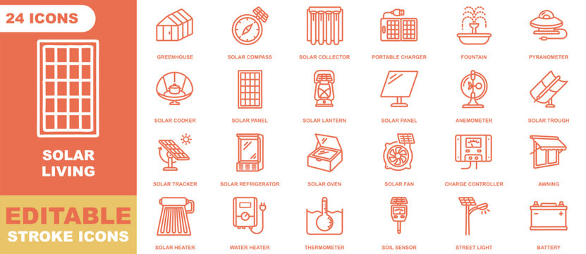 Solar living 24 outline icons sheet featuring renewable energy equipment, solar panels, heaters, and environmental measuring instruments