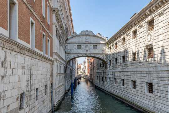 The Bridge of Sighs (Ponte dei Sospiri) spanning the narrow canal in Venice, Italy