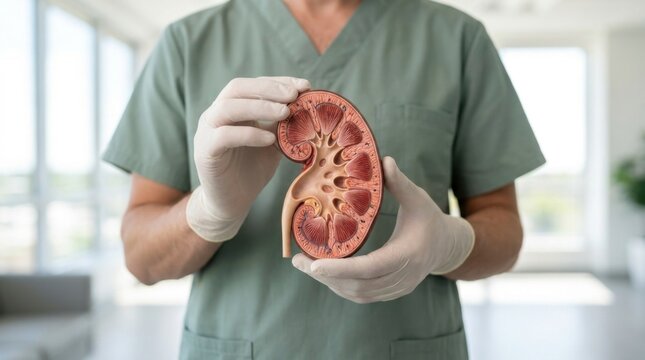 Medical professional in green scrubs and white gloves holding a detailed anatomical model of a human kidney, showcasing its internal structure in a bright clinical setting, concept of medical educatio