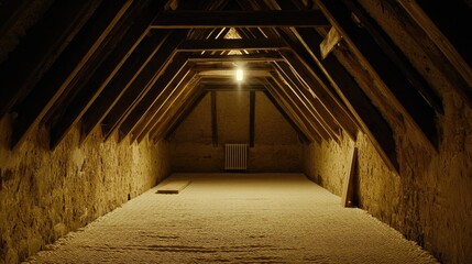 Fototapeta premium Construction of a cozy attic in Quebec with wooden framing and polystyrene insulation under a floating roof