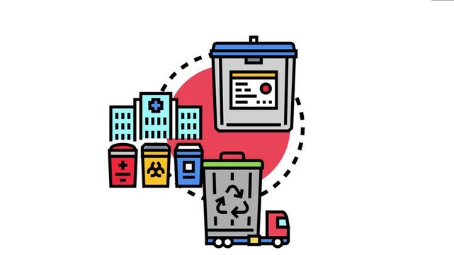 Medical waste management specialized hospitals and clinics discharging different types of hazardous materials while a service vehicle picks up waste for ecological and safe disposal