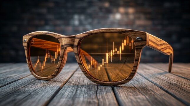 Wooden sunglasses with reflective lenses showing a financial stock market chart on a rustic wooden table, concept of financial insight and market analysis