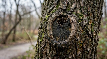 Fototapeta premium Close-up of a tree trunk with a prominent knot and textured bark in a natural outdoor setting, concept of natural beauty and resilience