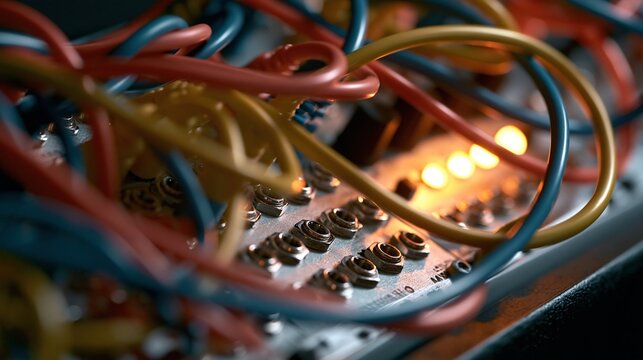 Colorful patch cables plugged into a modular synthesizer patchbay in a dark studio environment