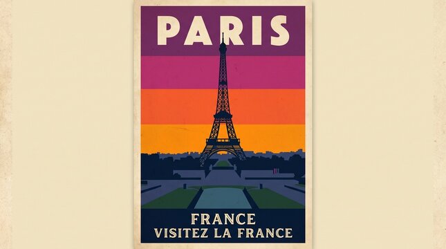 A vintage retro travel poster illustration featuring the Eiffel Tower in Paris, France, against a sunset sky with layered purple, magenta, and orange color bands, complete with "PARIS FRANCE VISITEZ L