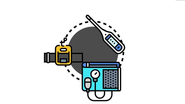 Medical devices featuring tools for measuring fever, blood pressure, and timing health related activities, essential for patient care and systematic diagnostics