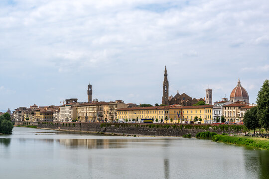 The historic skyline of Florence, Italy, viewed from across the Arno River