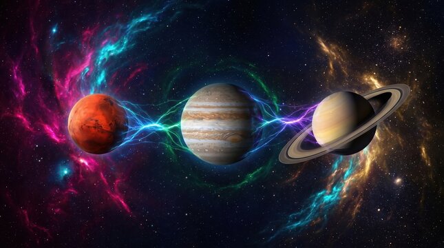 Celestial Alignment of Mars Jupiter and Saturn Featuring Glowing Energy Connections in Deep Space